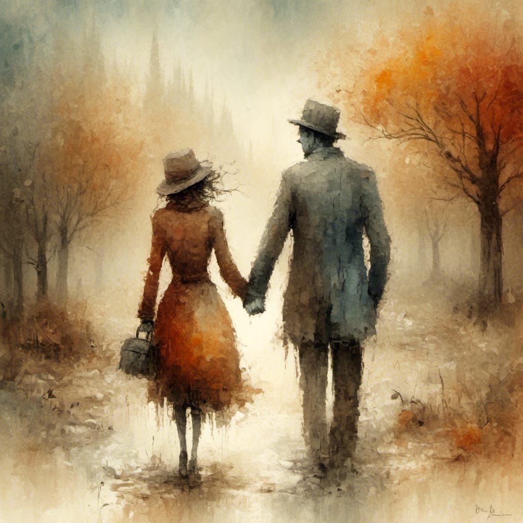 Romantic Couple in Tim Burton Style Watercolor