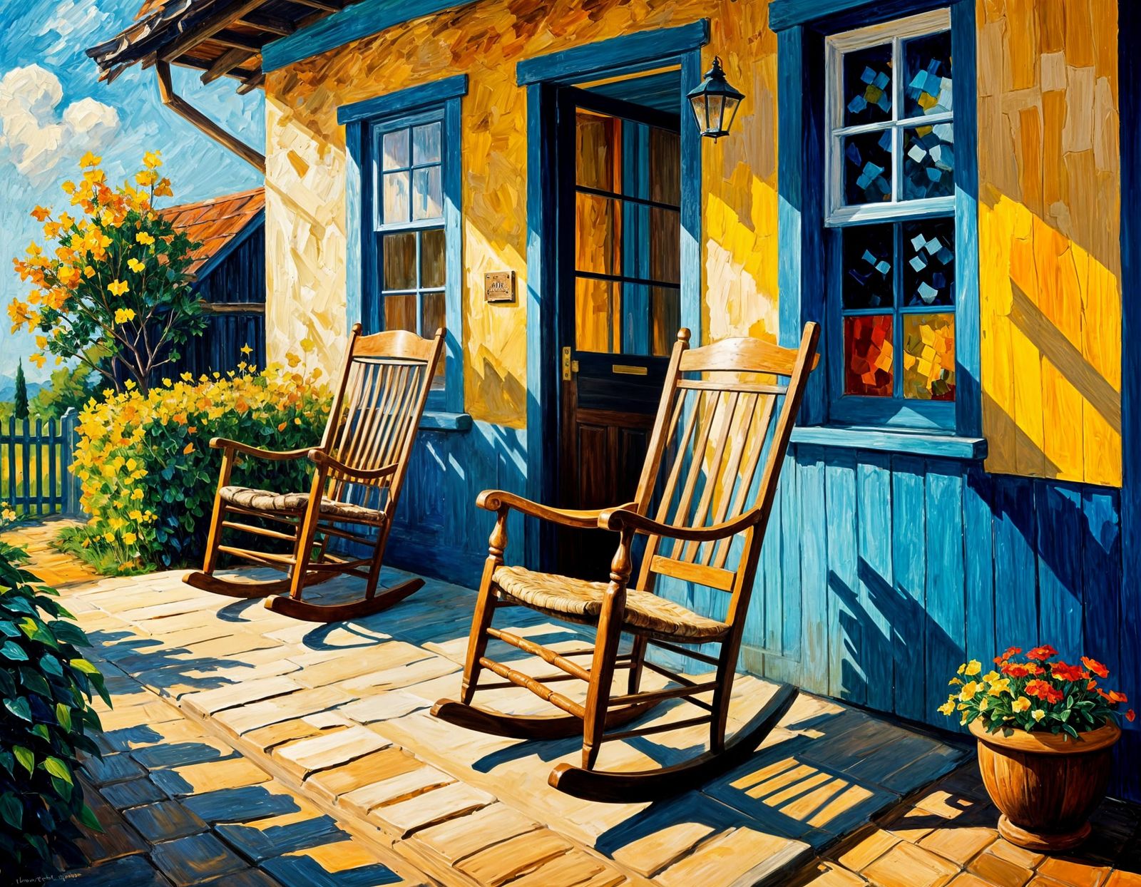 Cozy Rocking Chair on Cottage Verandah as Impasto Painting