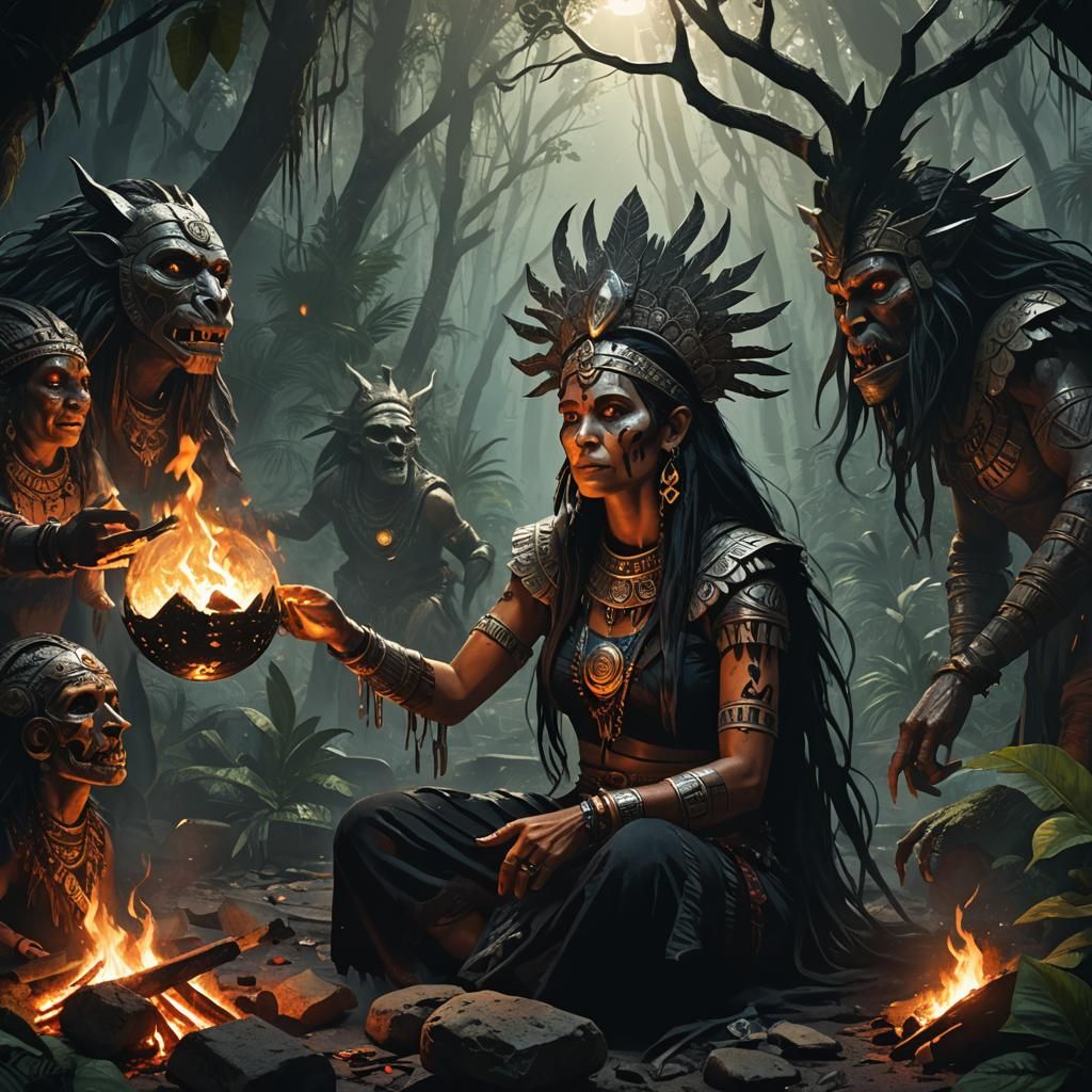 Aztec Witch's Jungle Campfire Story: Dark Fantasy Art