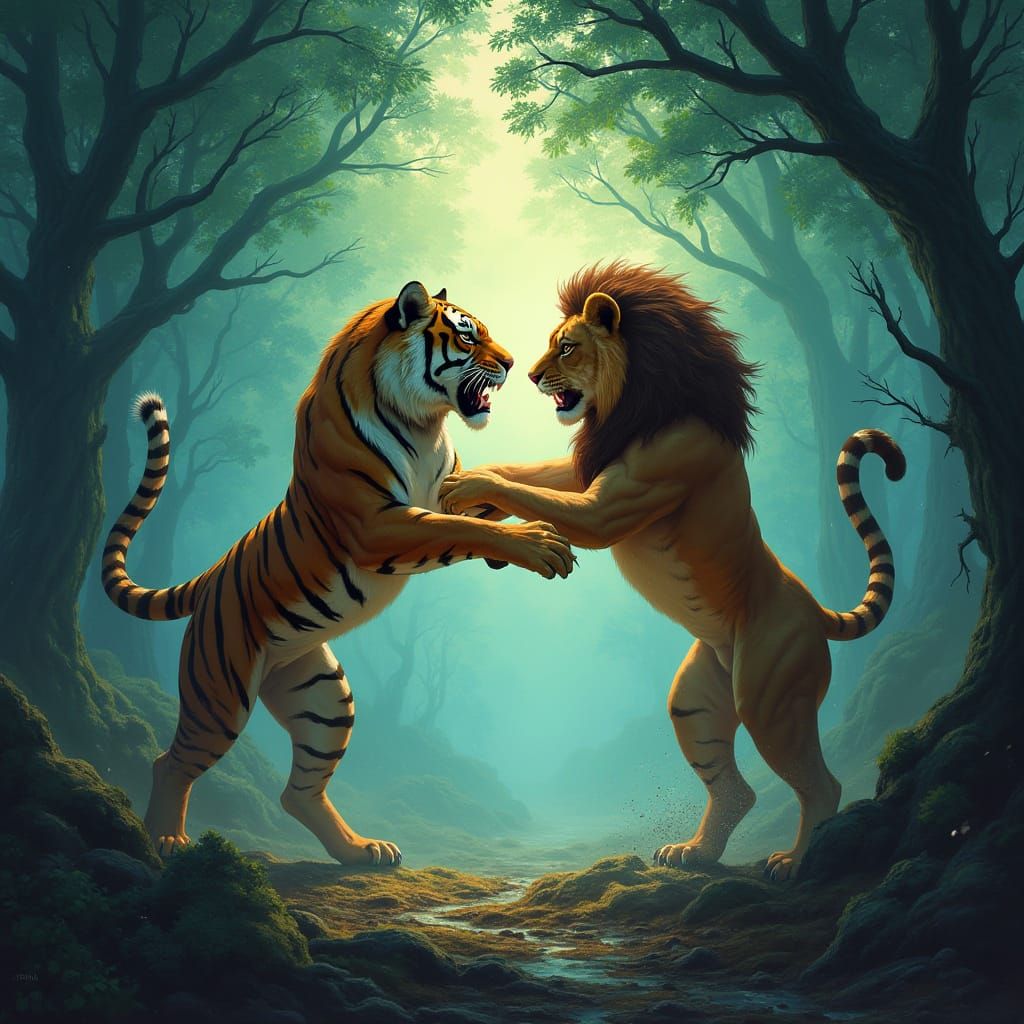 Majestic Lion and Tiger Clash in Ancient Forest