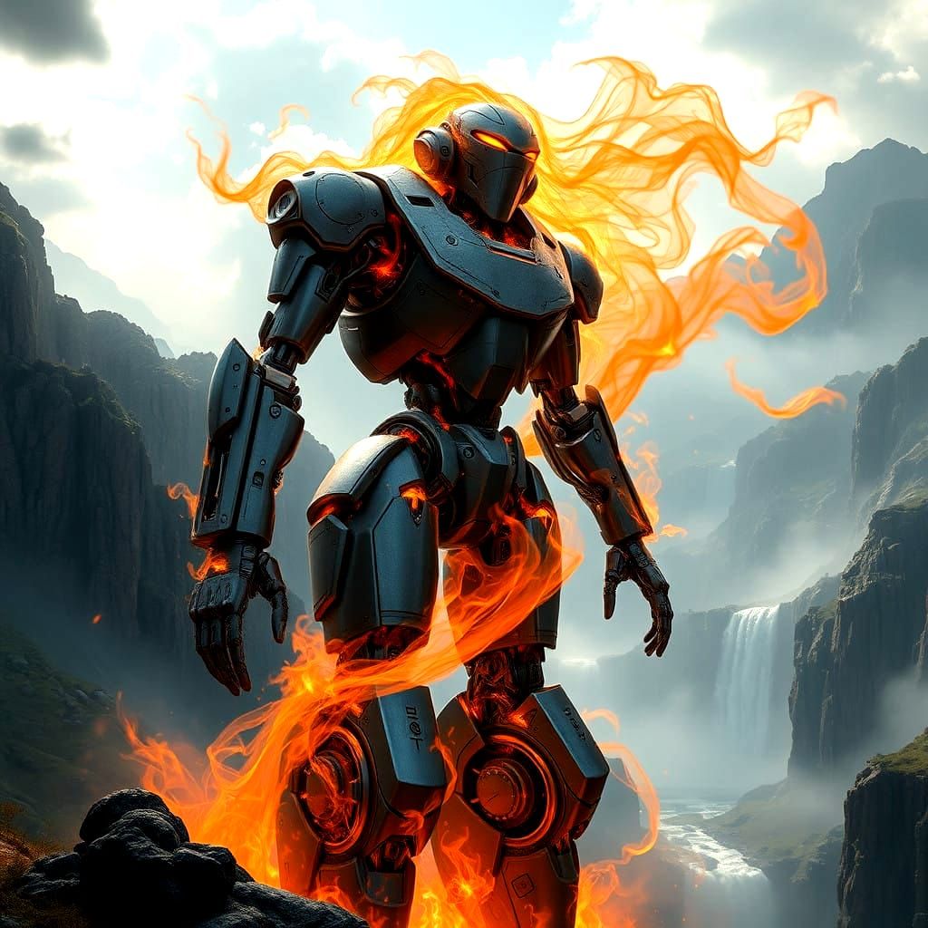 Hyperrealistic Robot Surrounded by Fiery Aura in a Futuristi...