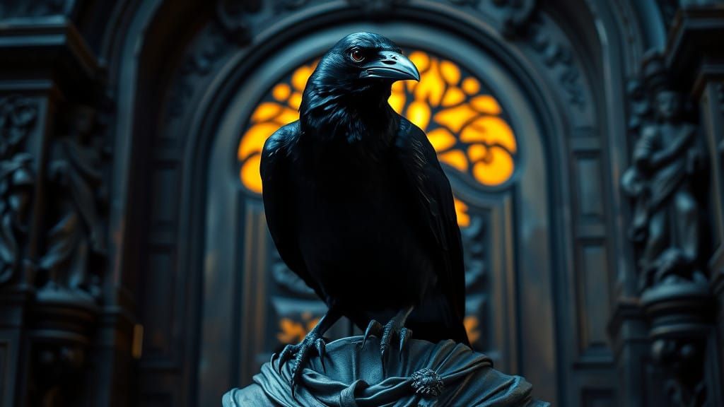 Mysterious Raven atop Pallas Bust in Gilded Chamber Door