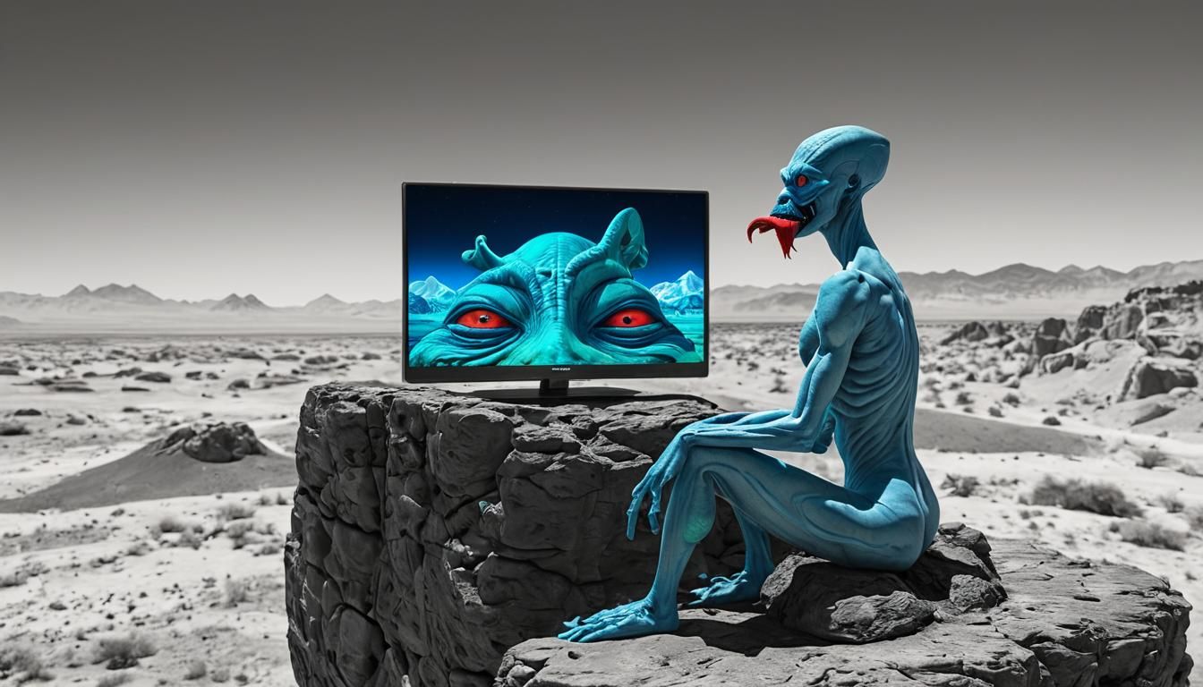 Alien Basks in Desert Oasis, TV and Glittering Crystals in t...