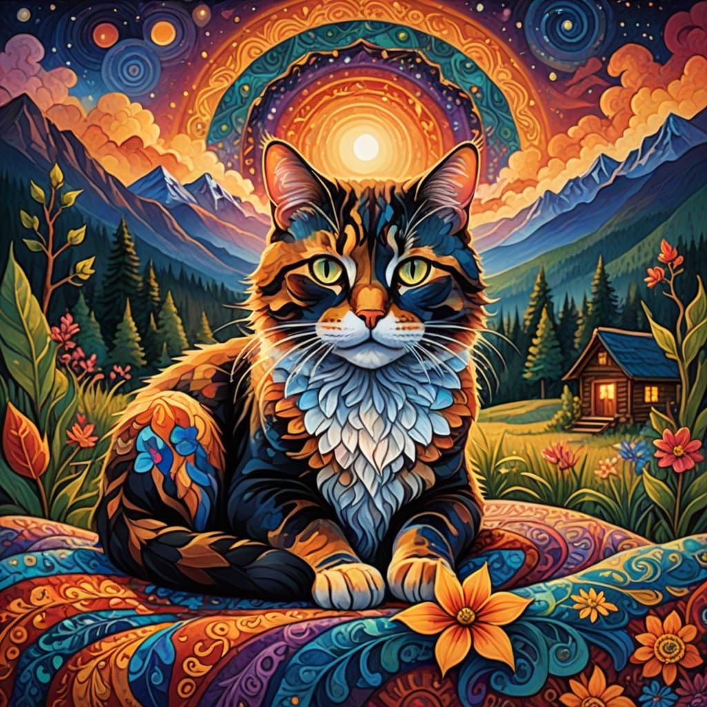 Surreal Sunset Landscape with Curled Up Whiskered Cat