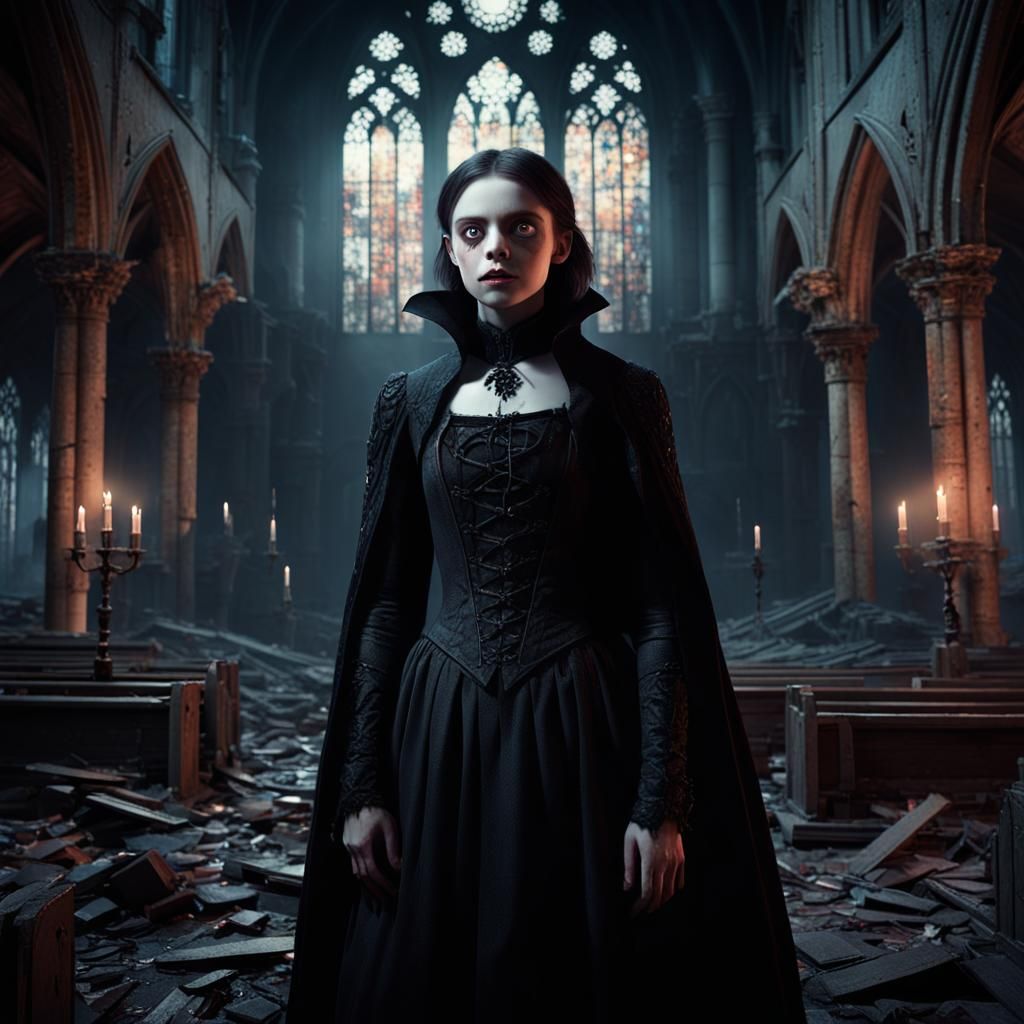 Gothic Vampire in Ruined Church at Dusk