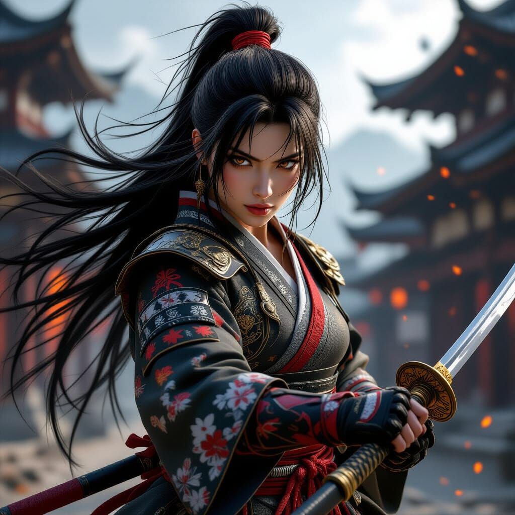 Powerful Samurai Woman in Dramatic Combat Stance