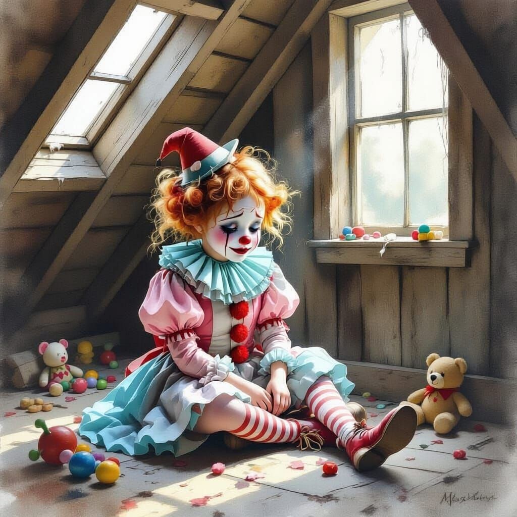 Victorian Clown Girl's Melancholy in Dusty Attic