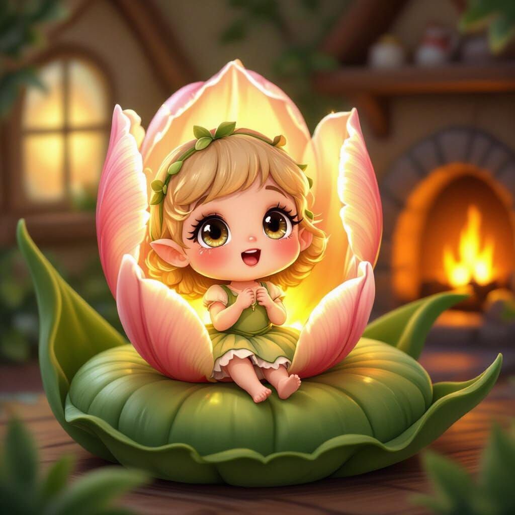 Thumbelina in a Tulip, Fairytale Cottagecore Scene