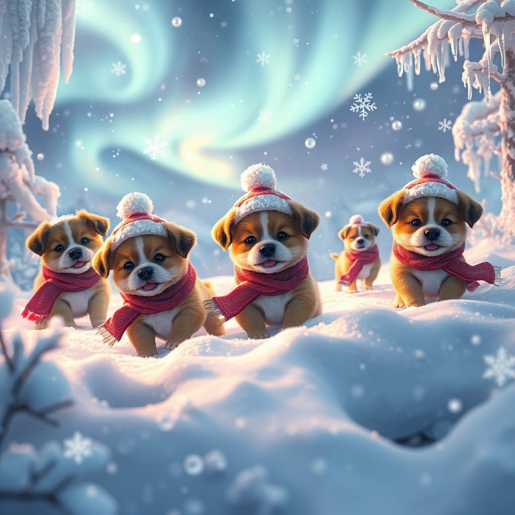 Whimsical Snow-Drenched Wonderland with Playful Puppies