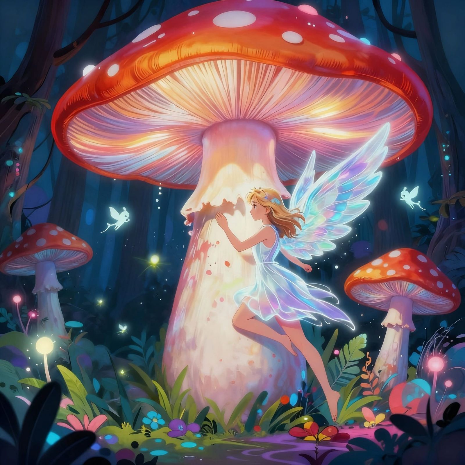 Ethereal Angel Painting Graffiti on Giant Glowing Mushroom