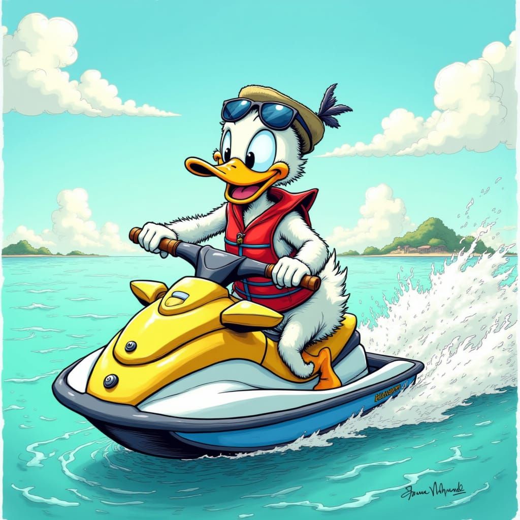 Donald Duck Rides a Jet Ski in Cartoon Style