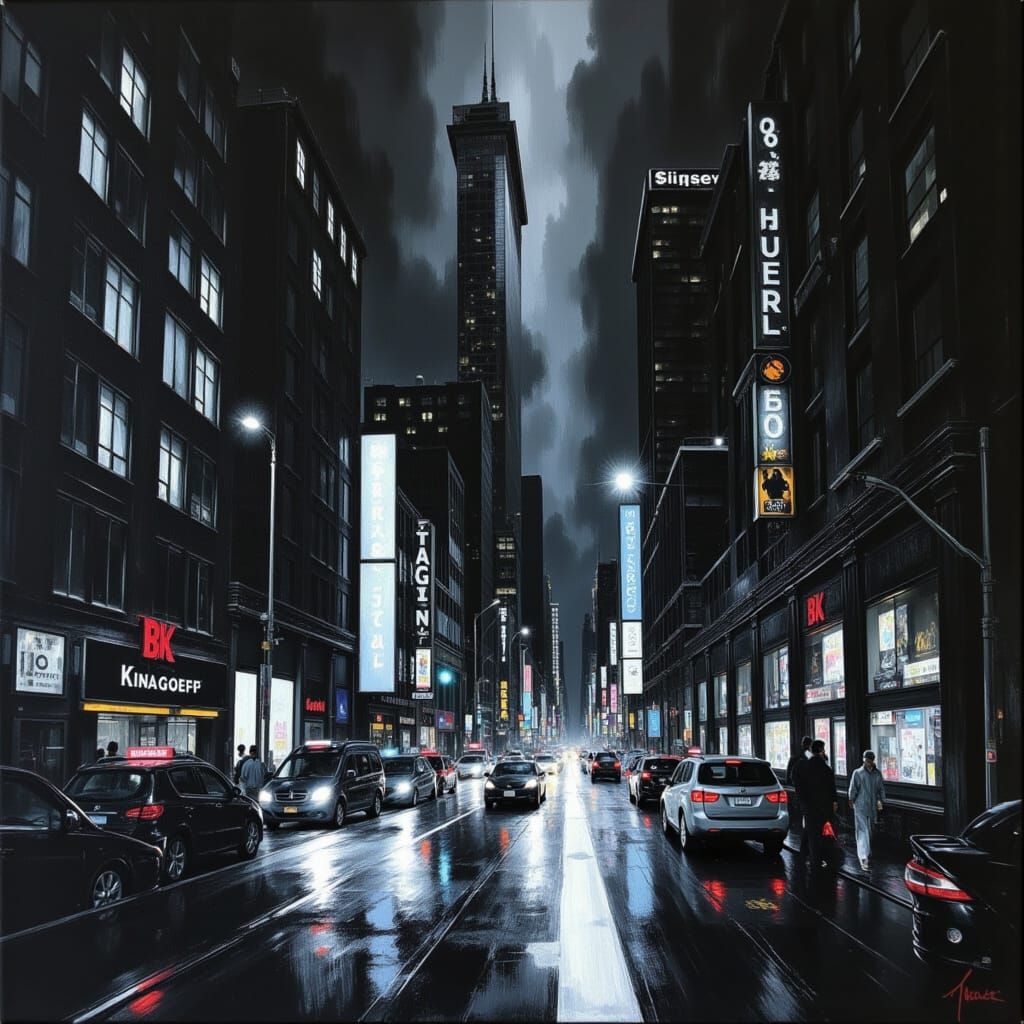 <lora:Black Canvas:1.0> A vivid, high-contrast black and white cityscape at night, painted or illustrated with dramatic ...