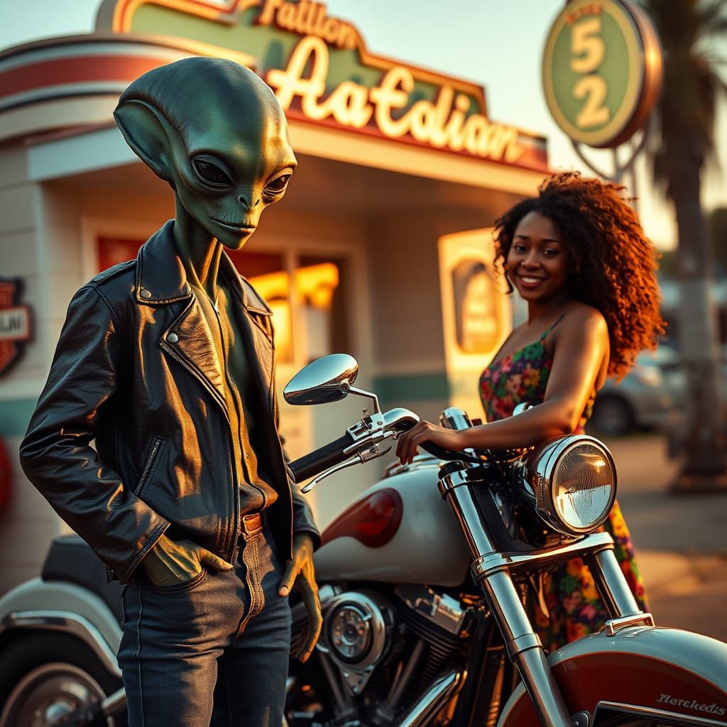 Stylish Alien Couple Embracing Retro Futurism