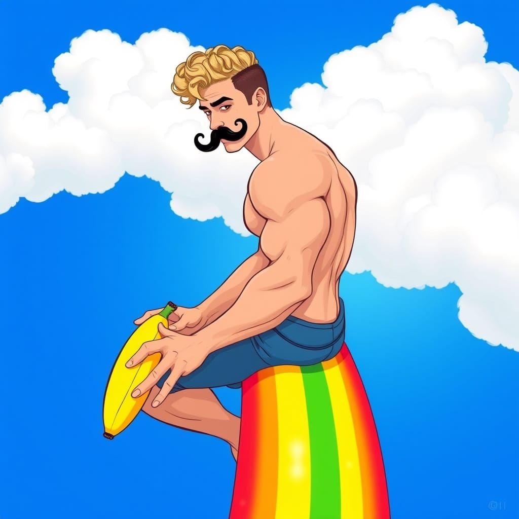 Man Rides Vibrant Rainbow Across the Sky