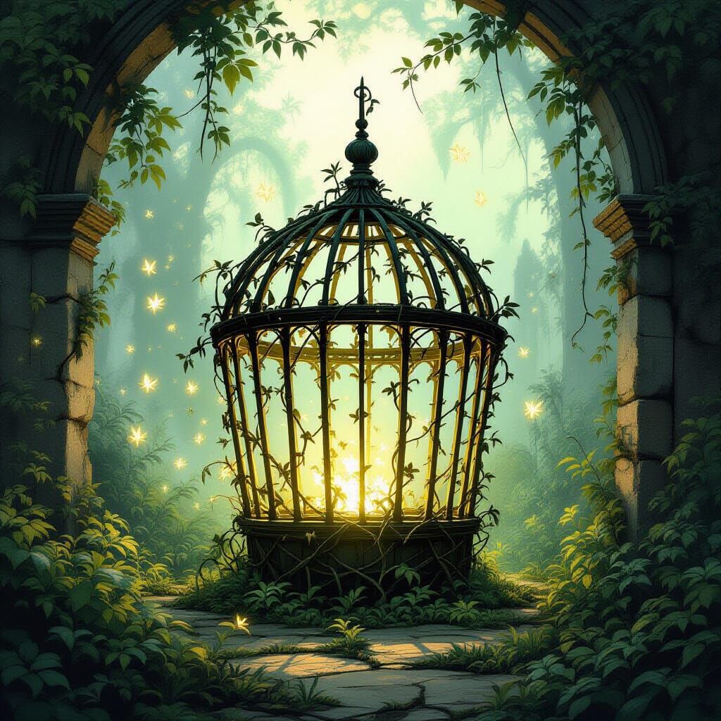 Enchanted Vine Birdcage in Sunlit Ruin with Glowing Sprites