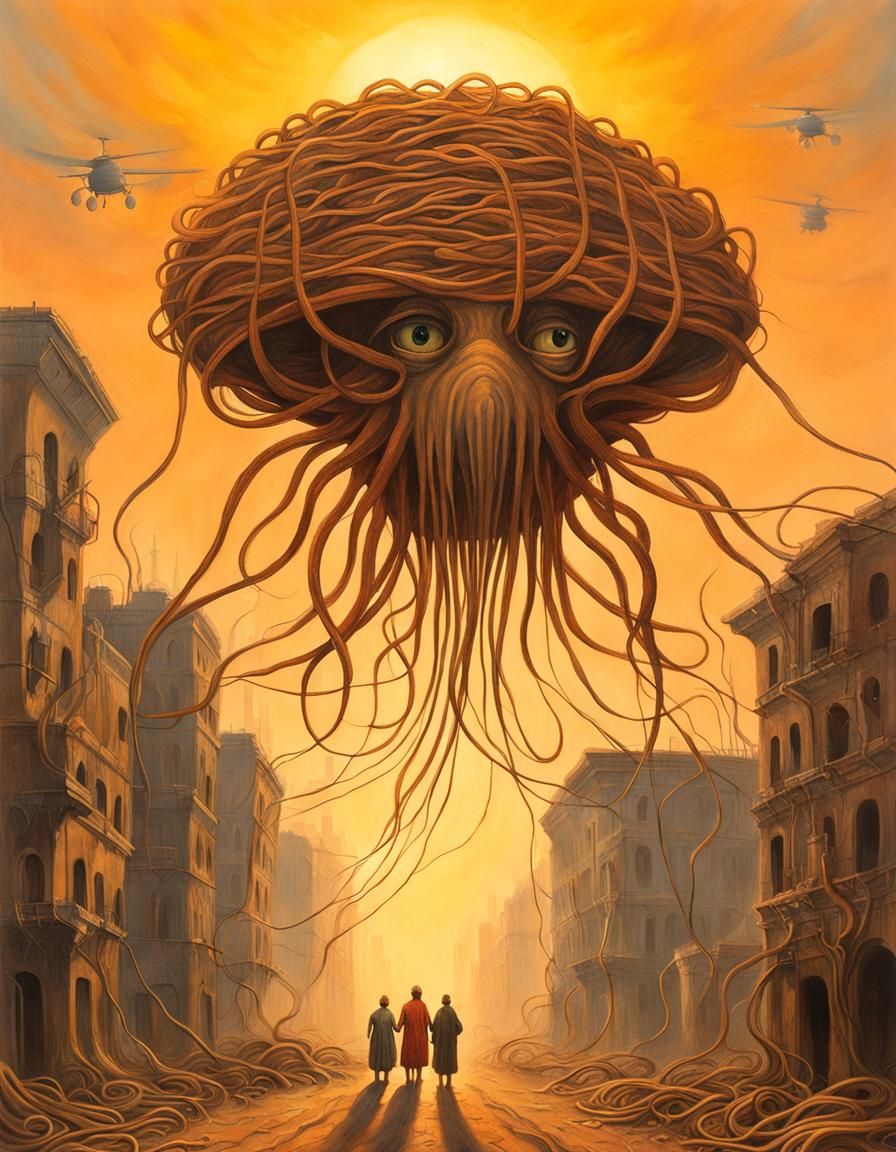Flying Spaghetti Monster in Dystopian Ruins