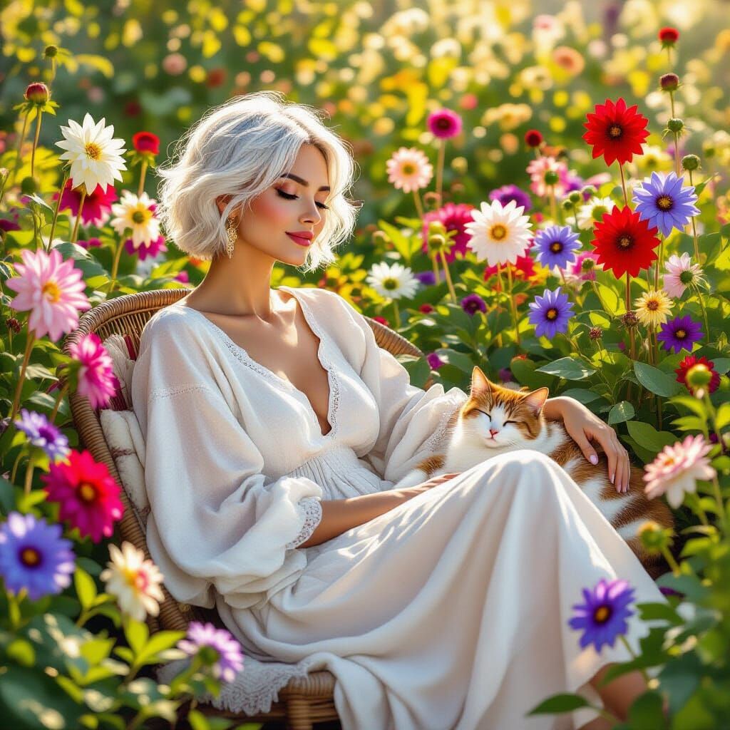 Woman and Cat Relaxing in Vibrant Garden