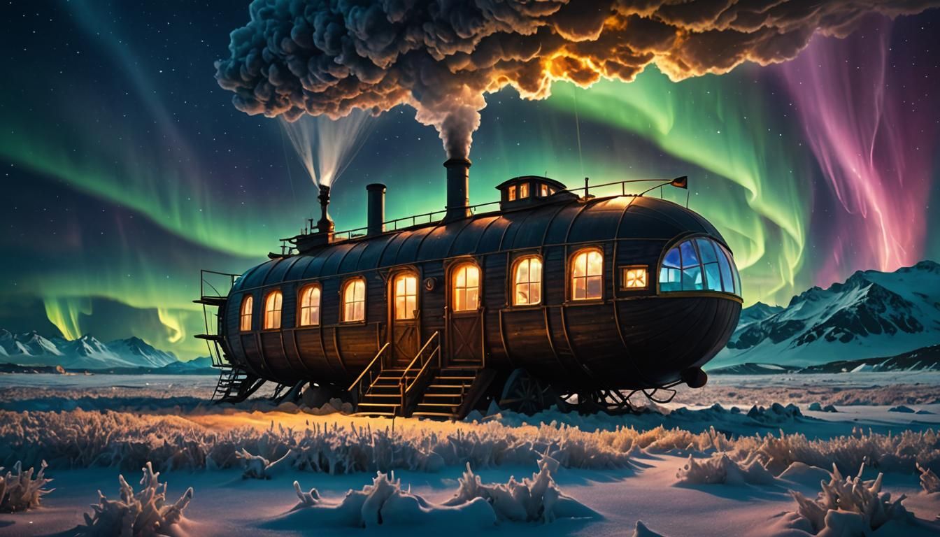Sci-Fi Aurora Over Snowy Cabin Dreamscape