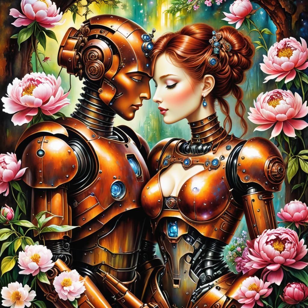 Robot Couple in Peony Garden, Alcohol Ink Style