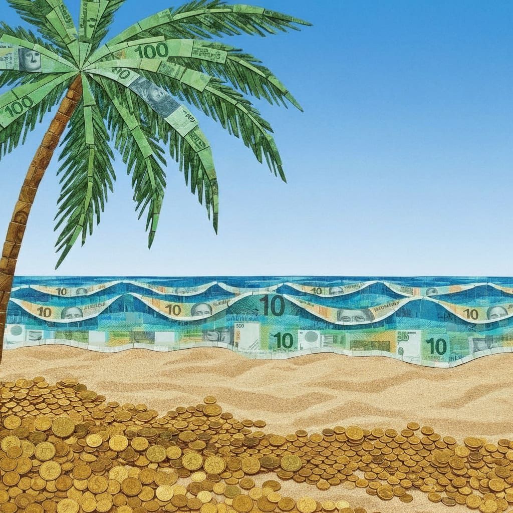 Surreal Mosaic Beach: Sand of Coins, Waves of Cash