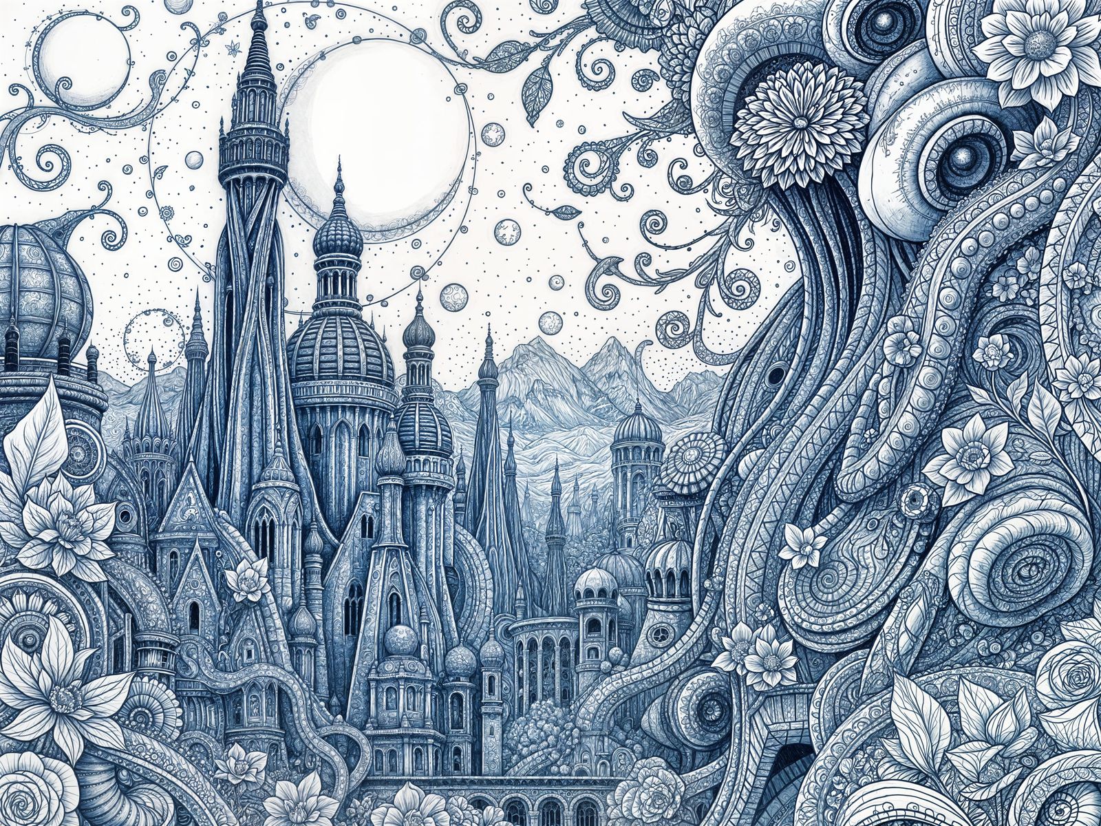 Doodle Art Alien Landscape in Art Nouveau Style