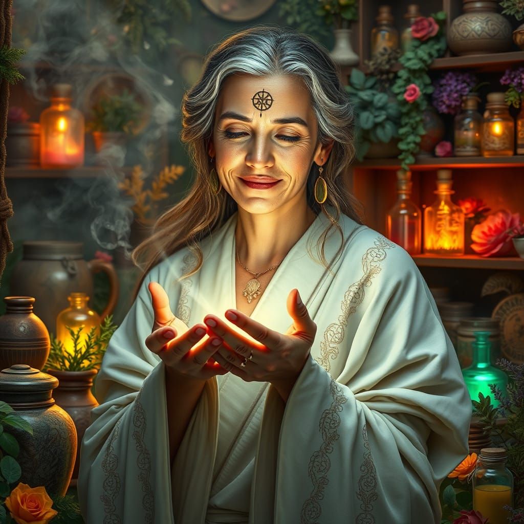 Wisdom of the Ancient Healer in Mystical Apothecary Setting