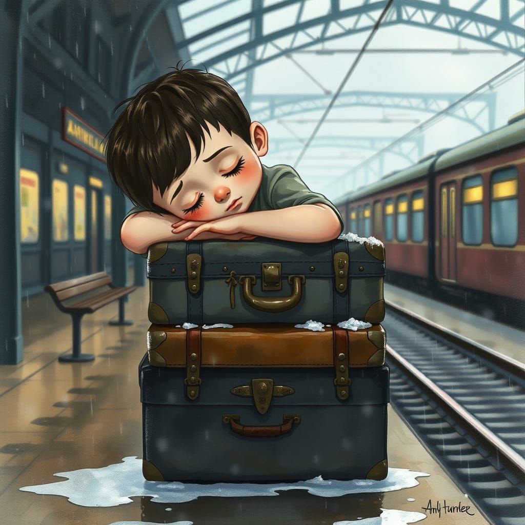 Sleepy Boy on Suitcases in Desolate Train Station