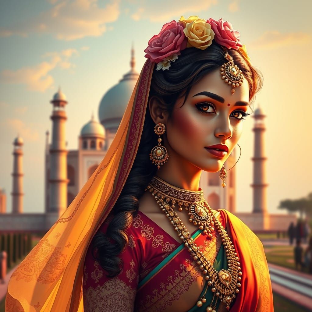 Indian Model in Ethnic Wear with Henna and Floral Jewelry by...