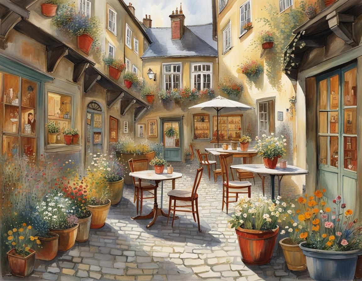 German Old Town Courtyard in Vibrant Colors