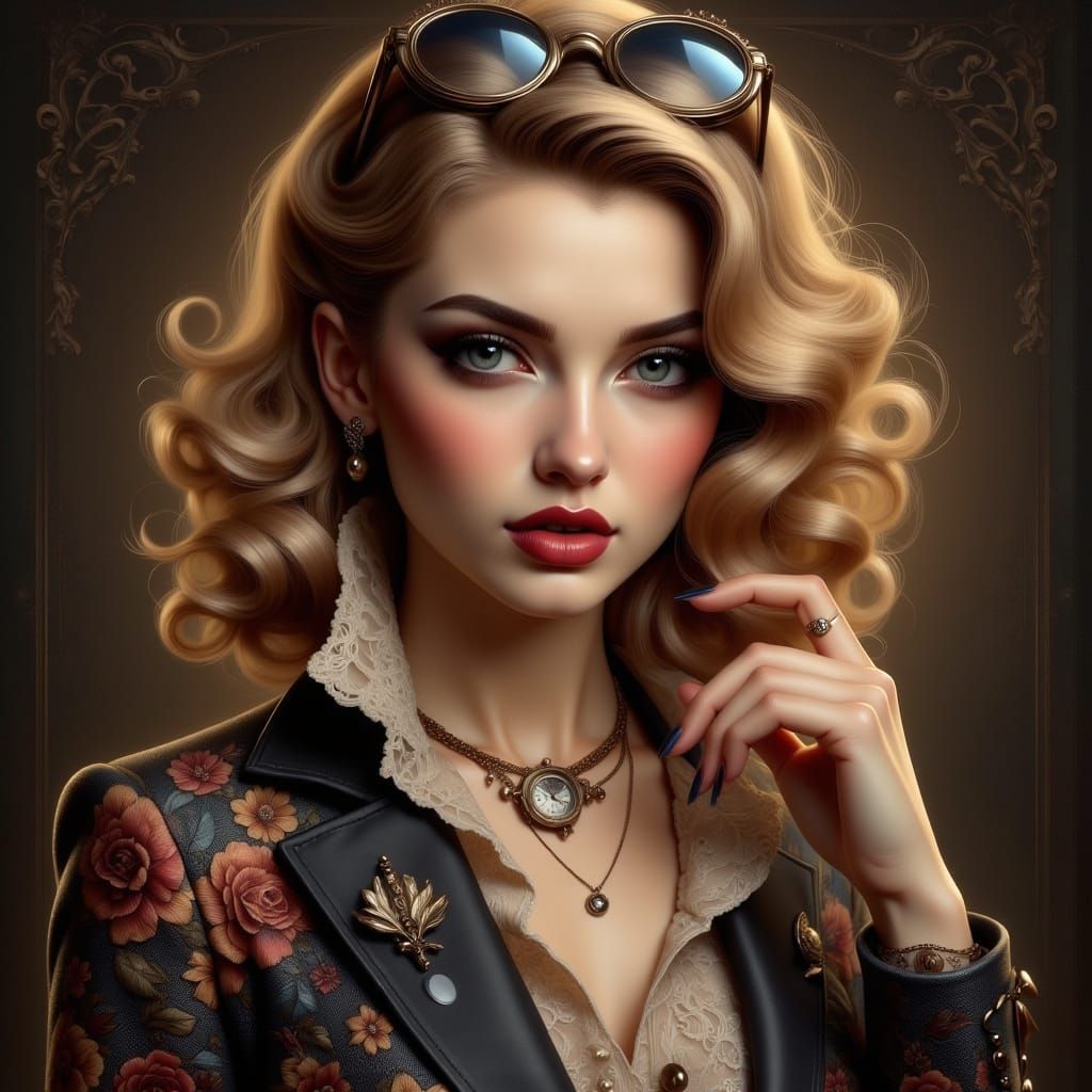 Glamorous Art Nouveau Punk Pinup in Airbrush Style