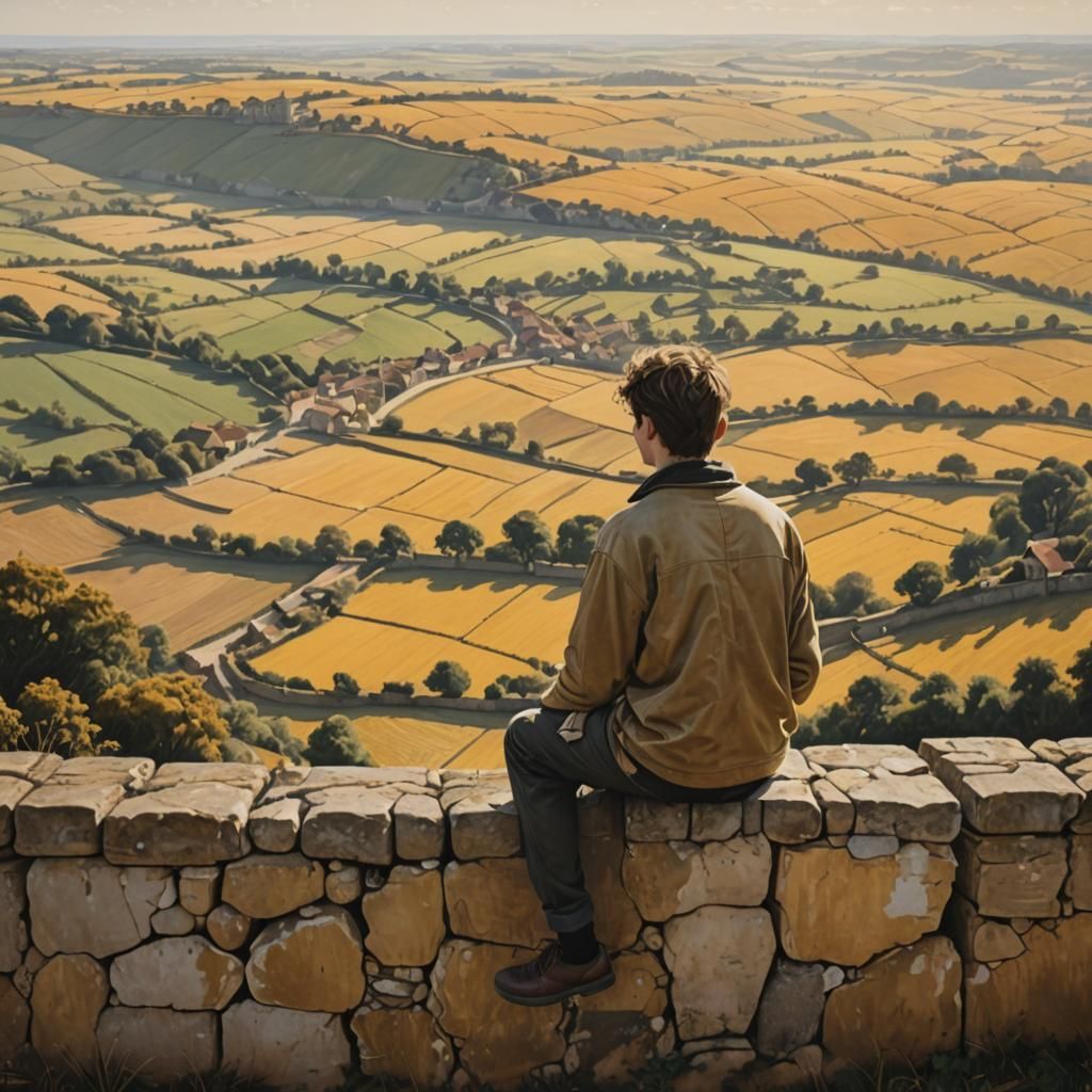 Golden Landscape with Man on Wall, Photorealistic
