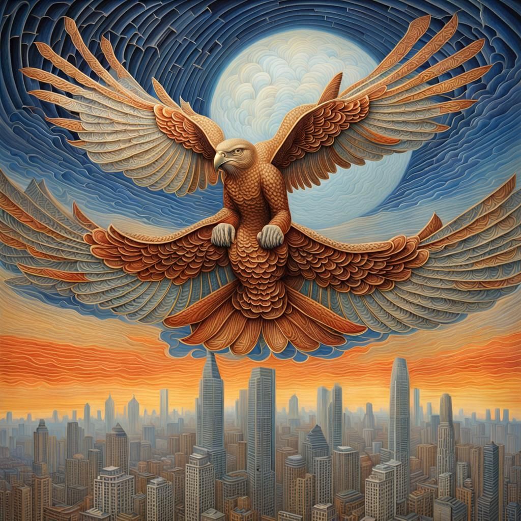 Giant Hawk Over Asian Megacity, Cosmic Carving