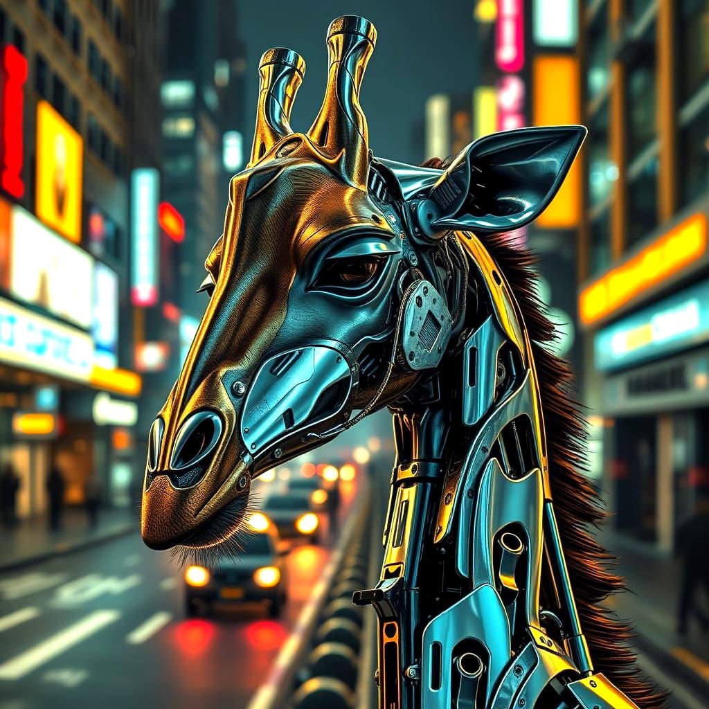 Cybernetic Giraffe Amidst Futuristic Cityscape in Giger-Insp...