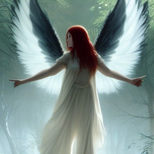 Angelic Woman with Scarlet Hair in Dark Woods
