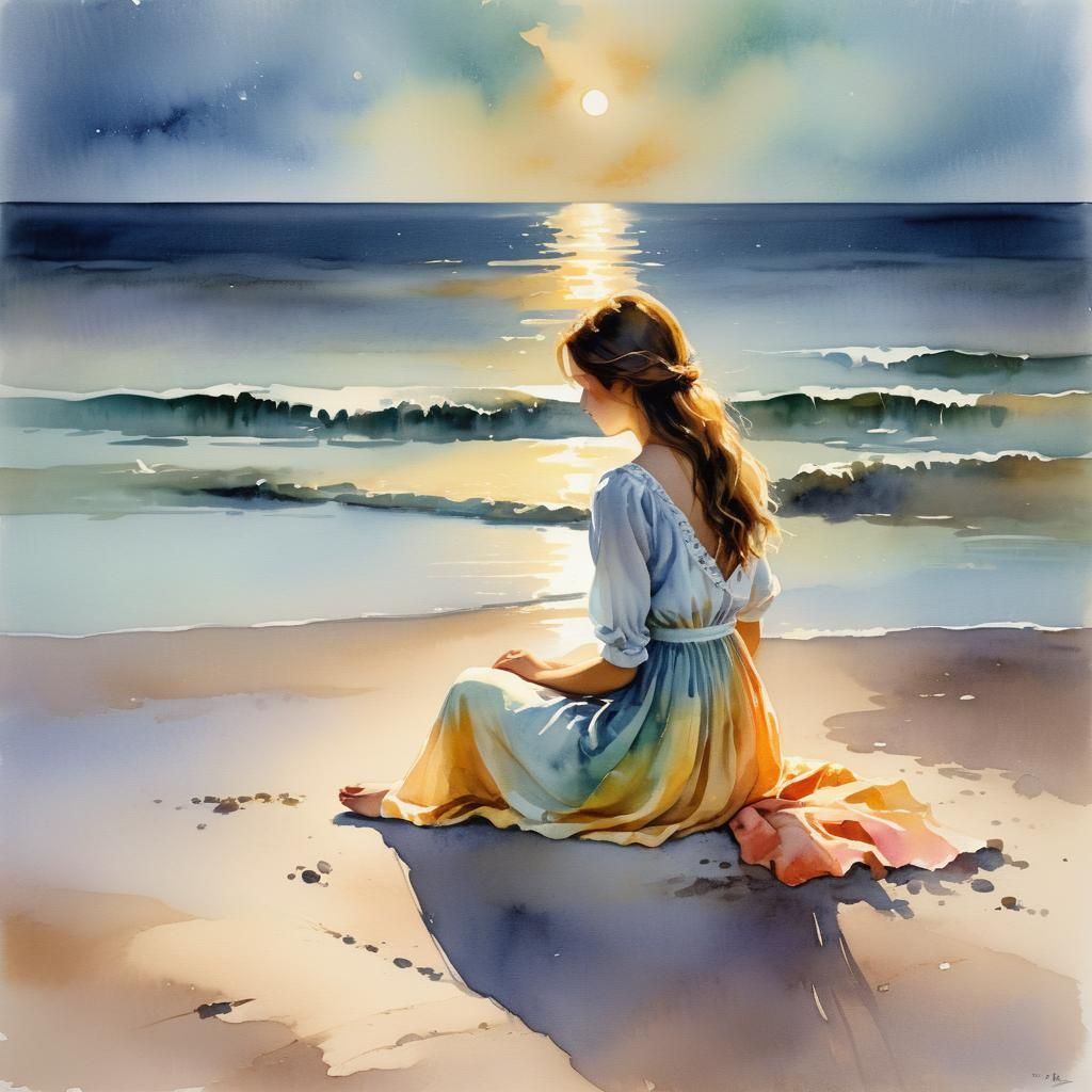 Woman Gazing at Sea: Impressionist Watercolor Painting