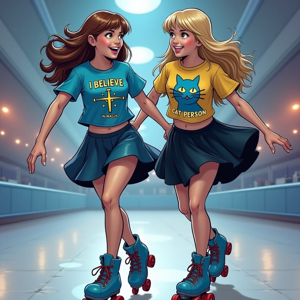 Rollerblading Girlfriends in a Futuristic Comic Scene