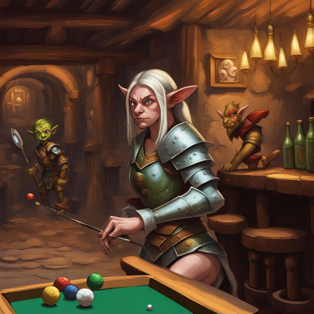 goblin playing darts in tavern and innkeeper and female elf warrior in armor in some distance from him