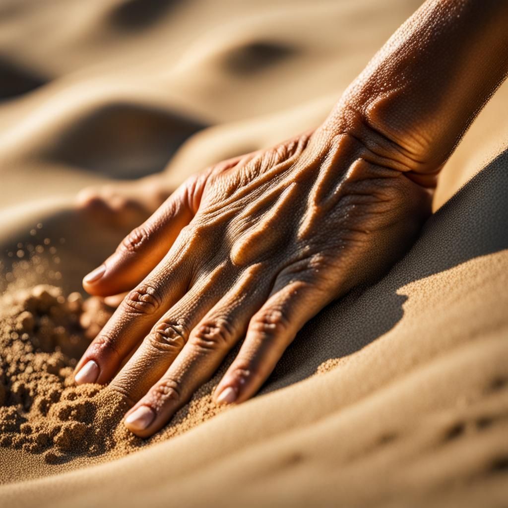 Hyperrealistic Hand Touching Warm Sand on Beach