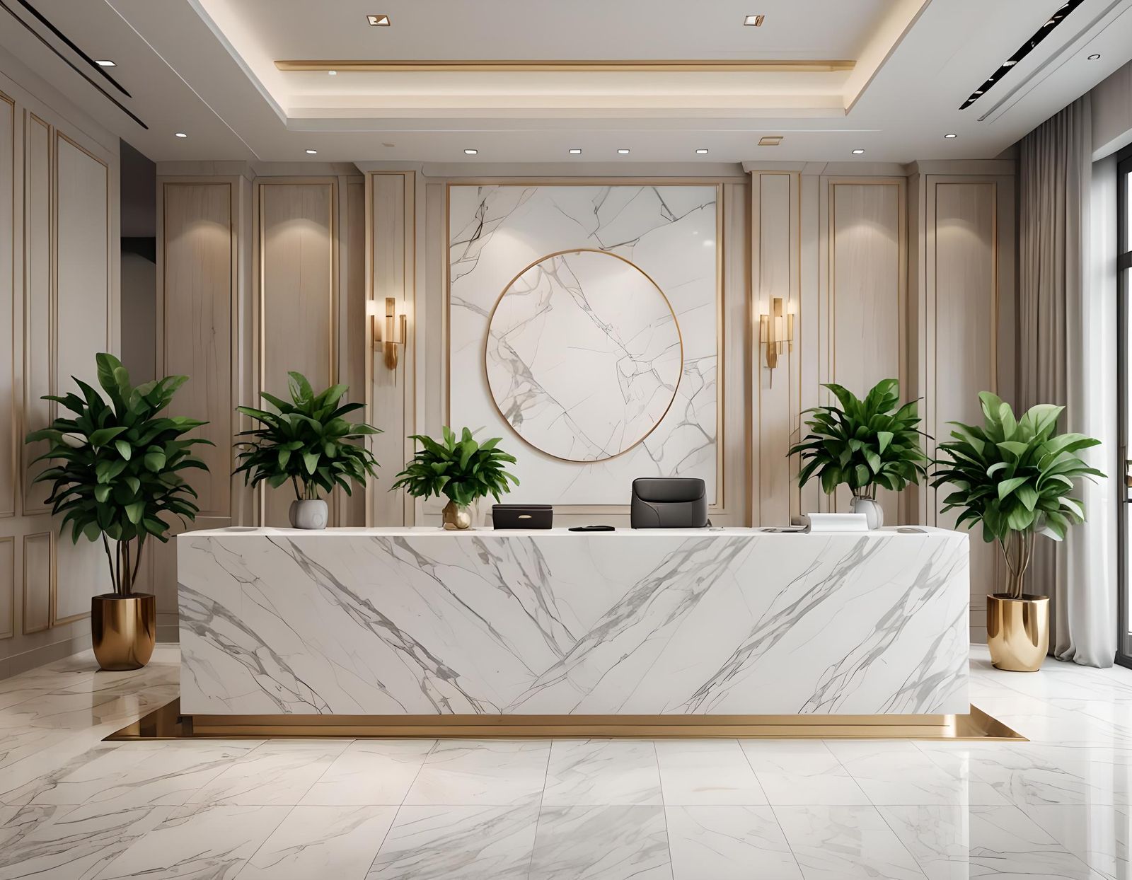 Luxury Lobby with Marble Counter: 3D Render