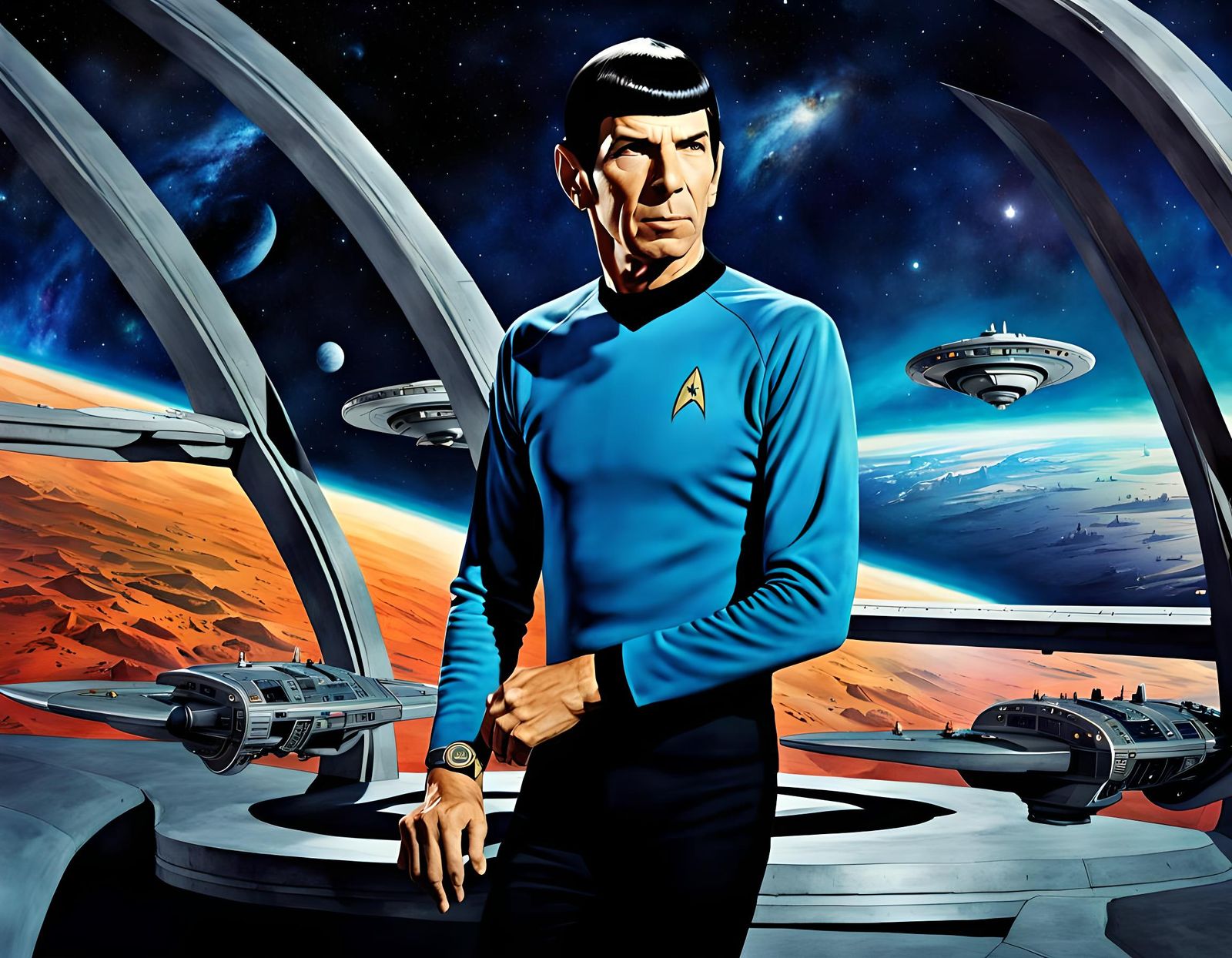 Spock on Starship Enterprise Bridge as Watercolor