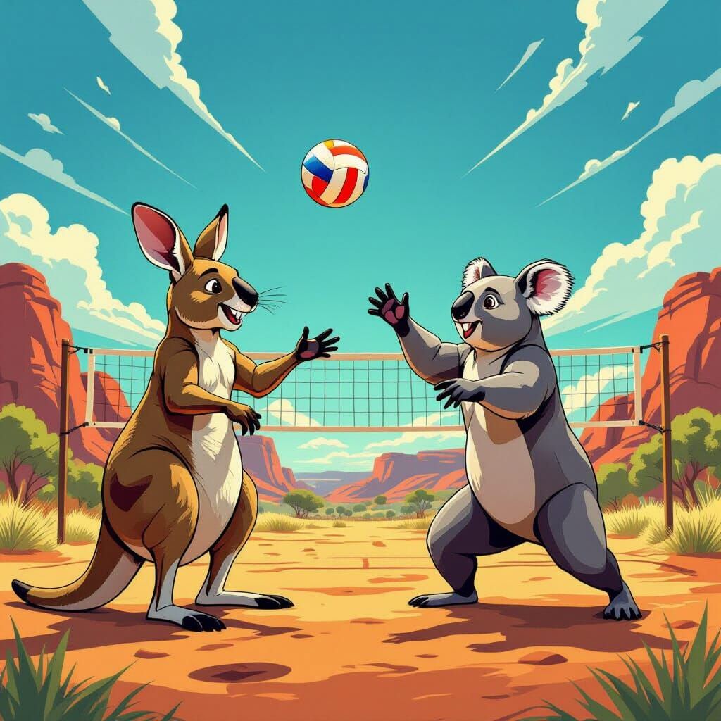 Kangaroo and Koala Volleyball in Comic Book Style