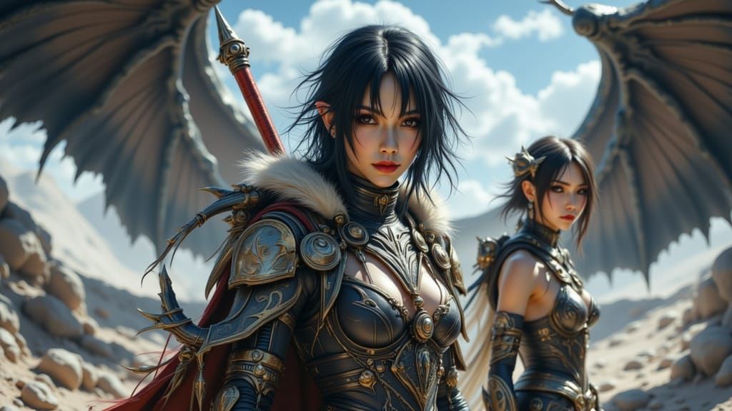 Two Women on Dragons in Hyperrealistic Style