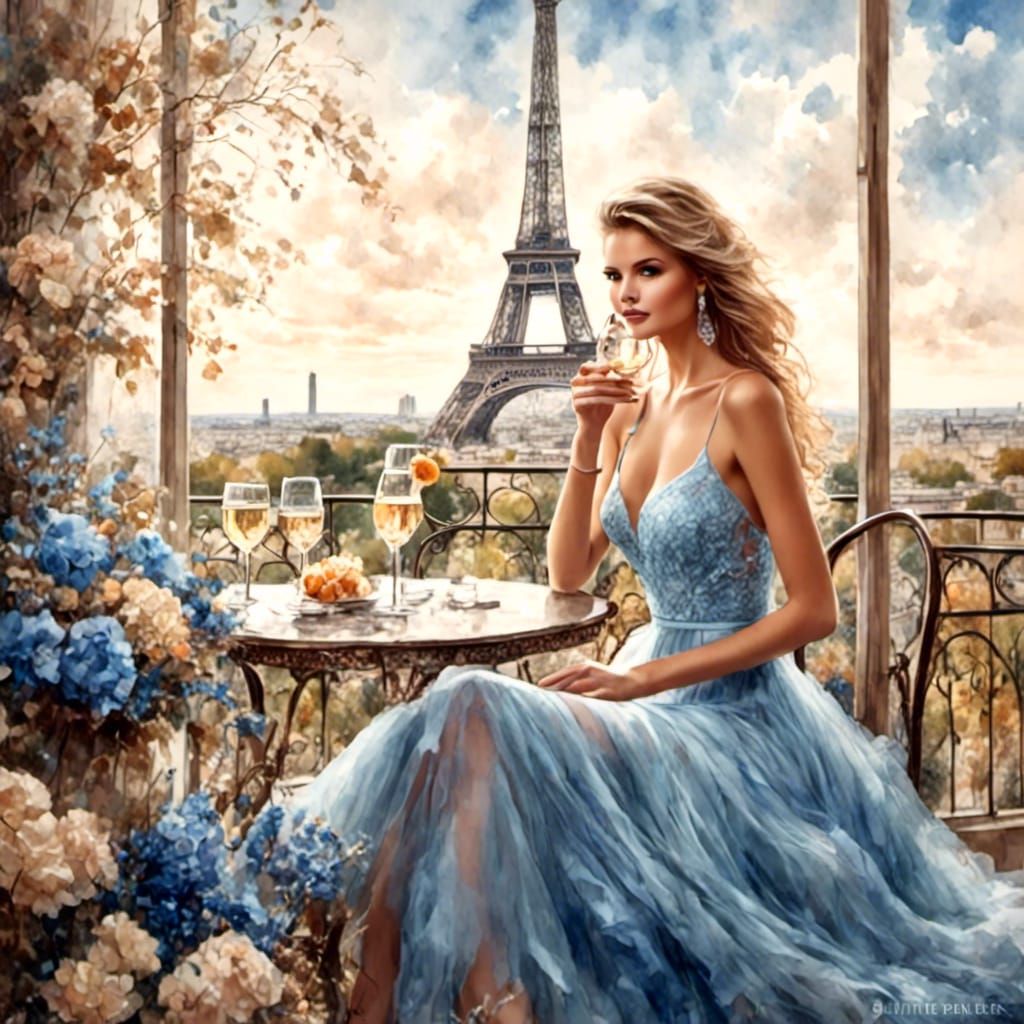 Elegant Woman with Eiffel Tower in Watercolor Style