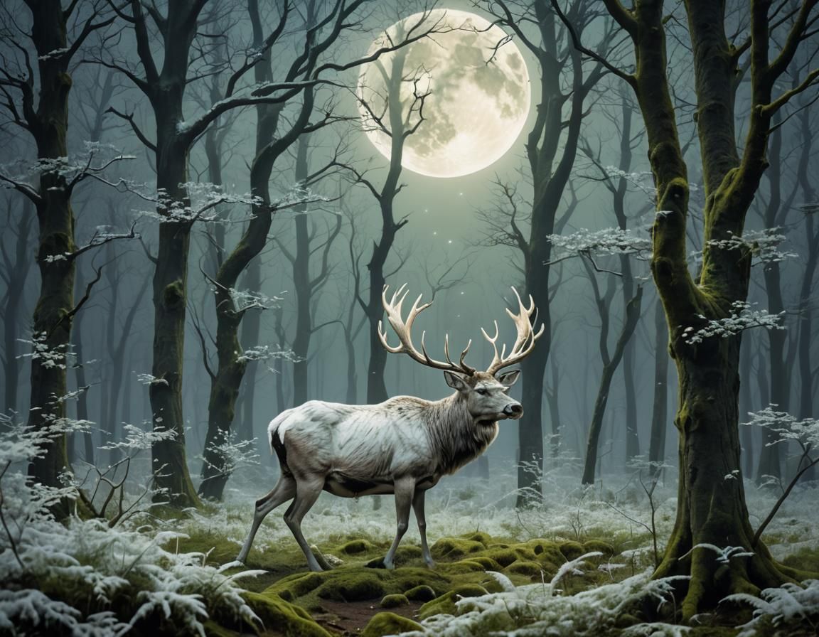 Majestic White Deer in Moonlit Forest