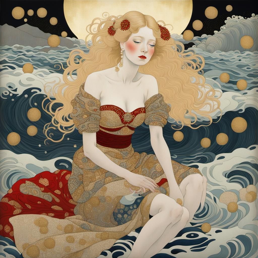 Woman in Sea: Ukiyo-e Klimt-Inspired Portrait