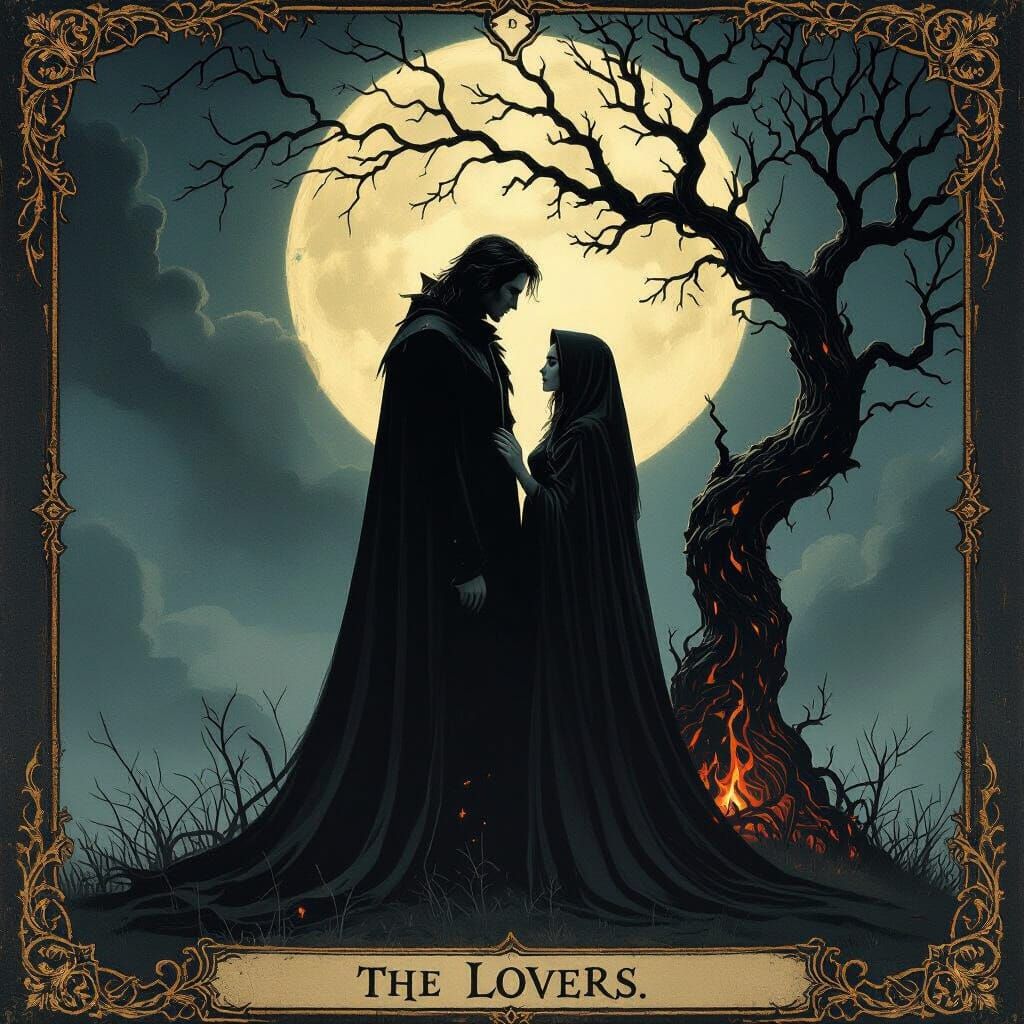 Gothic Lovers Tarot Card in Dark Painterly Style