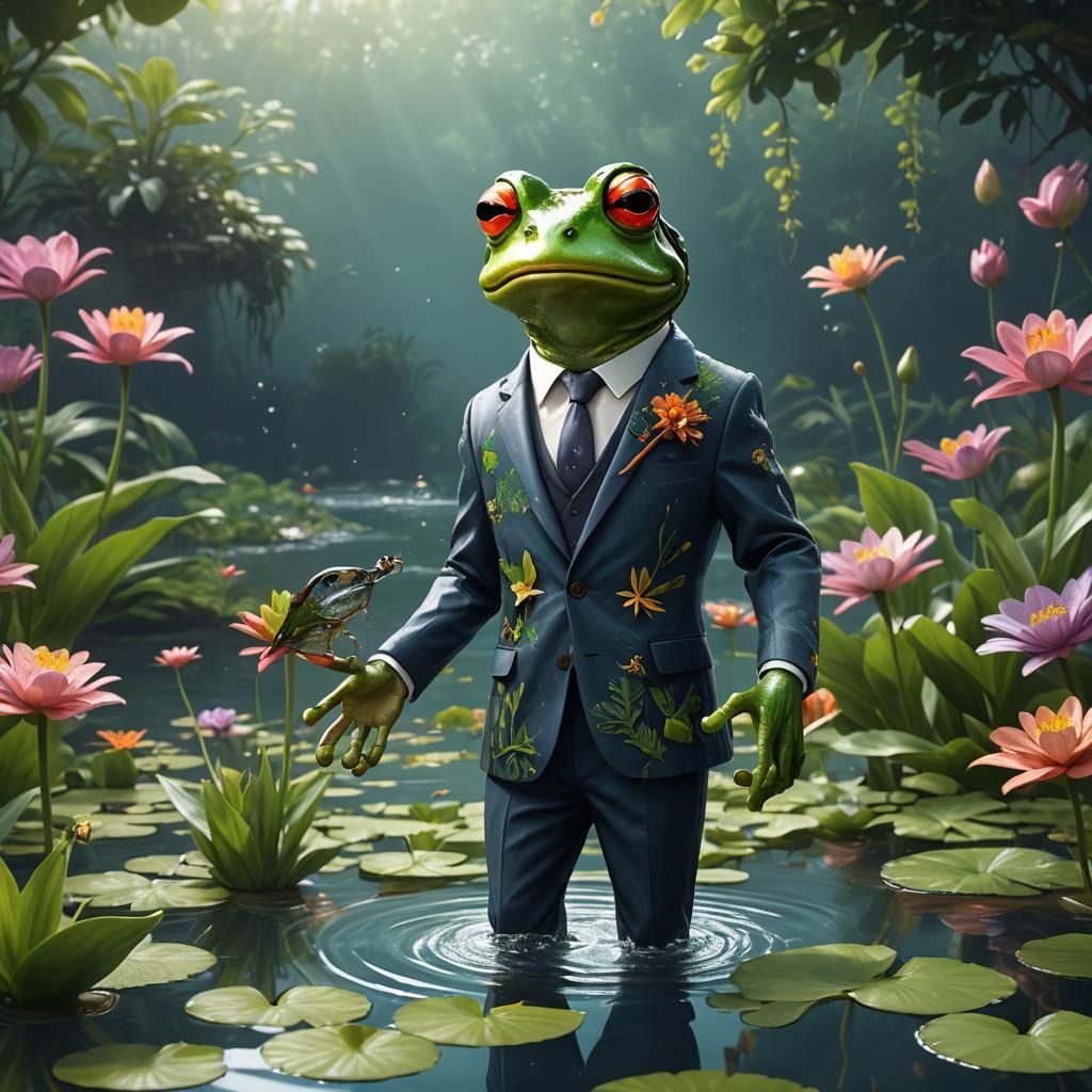 Frog in Suit on Lily Pad, Detailed Painting