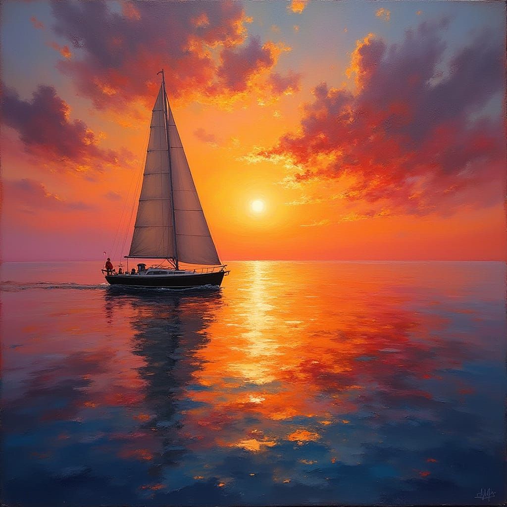Sailboat Silhouetted Against Vibrant Sunset on Calm Sea in I...