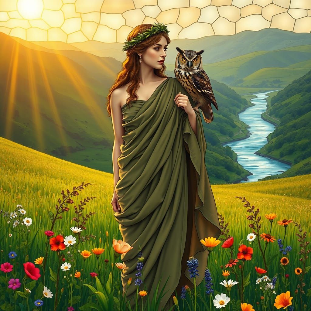 Serene Roman Woman in Golden Light with Tawny Owl and Staine...