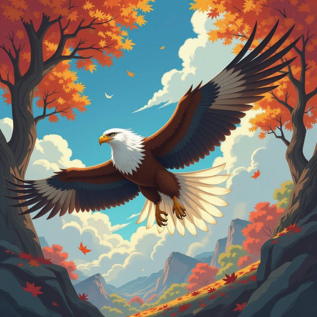 Majestic Griffin Soars Through Autumn Sky in Anime Style